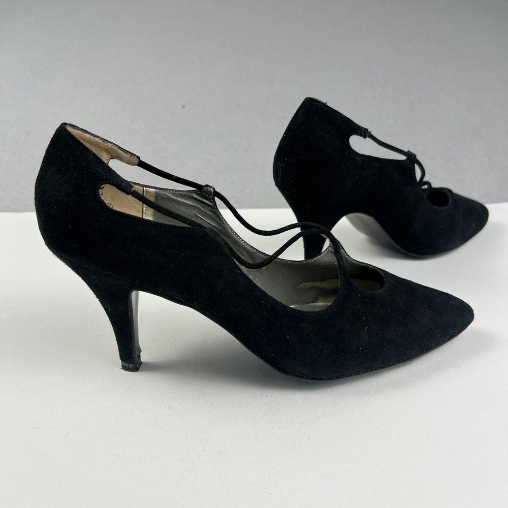 Flings Pumps Womens 6 Black Suede Crisscross Strap Pointed Toe Vintage Heels